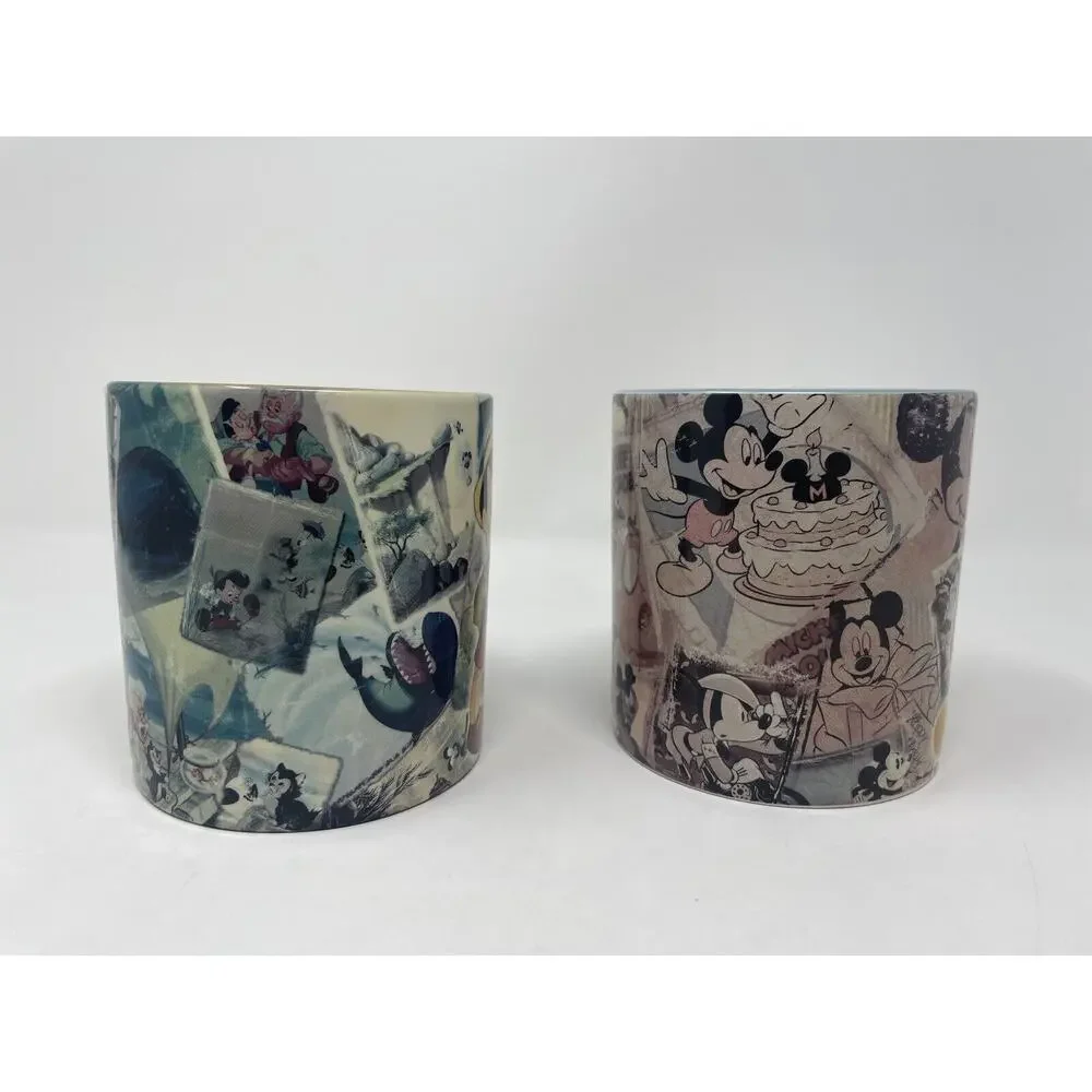 Disney Mickey Mouse And Pinocchio Newspaper Collage Coffee Mugs Rare Retired